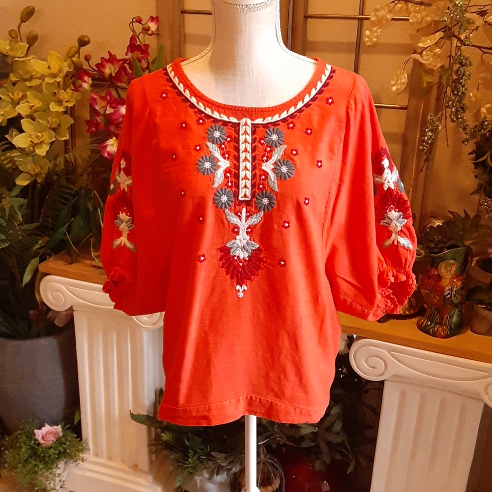 Embroidered Floral Elasticized Dolman Sleeve BOHO Peasant Blouse Size Medium